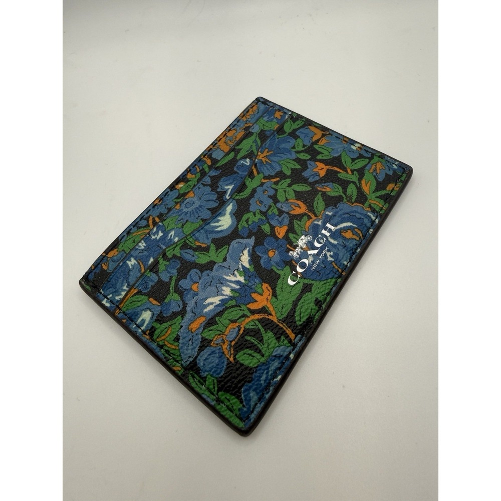 Coach Floral Card Holder Blue Leather Slim Wallet Credit Card Case